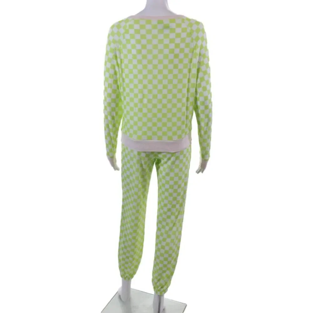 Honeydew Womens Checkered Print Long Sleeve Soft Pajama Set Green Sz XS